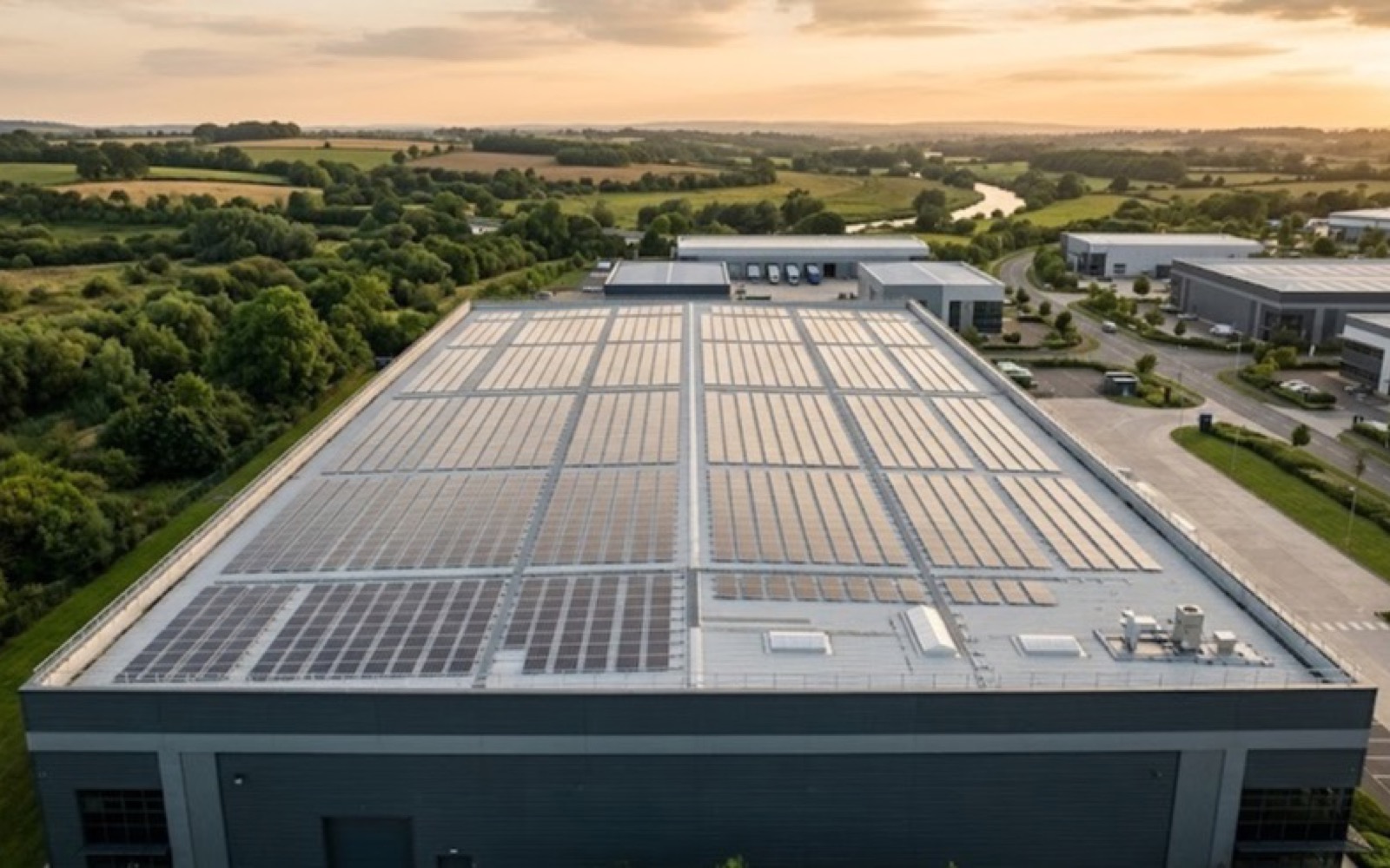 Solar panels on a warehouse roof above open countryside