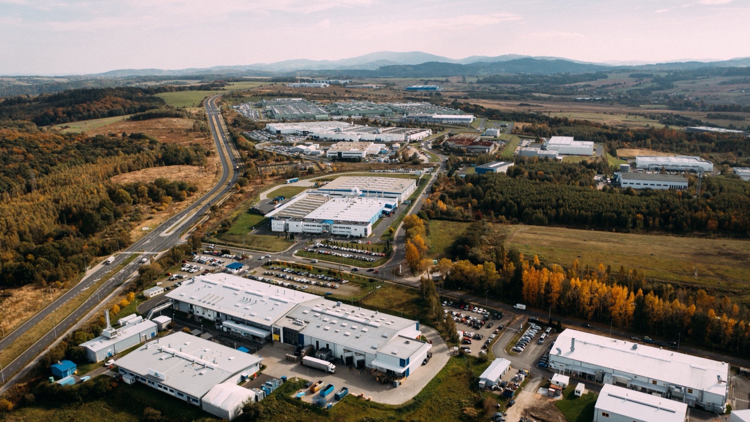 Aerial view of a large modern UK multi-let warehouse and logistics estate